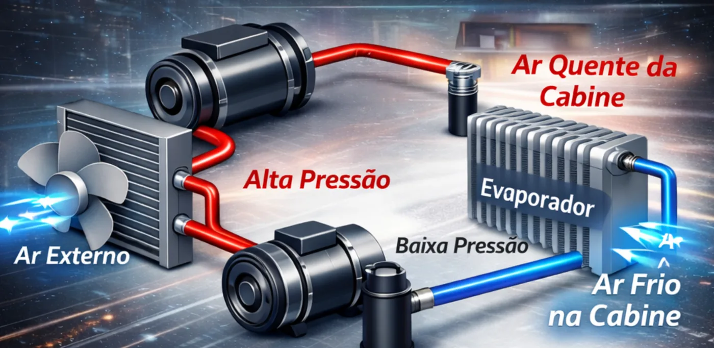 Diagrama do circuito de ar condicionado automotivo, com condensador, compressor, válvula de expansão e evaporador, mostrando o lado de alta e o lado de baixa pressão