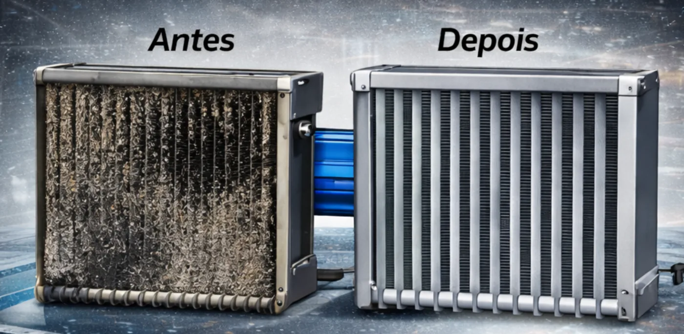 Comparação de um evaporador de ar condicionado antes da limpeza, com as aletas tomadas por sujeira, e depois da limpeza, com as aletas livres