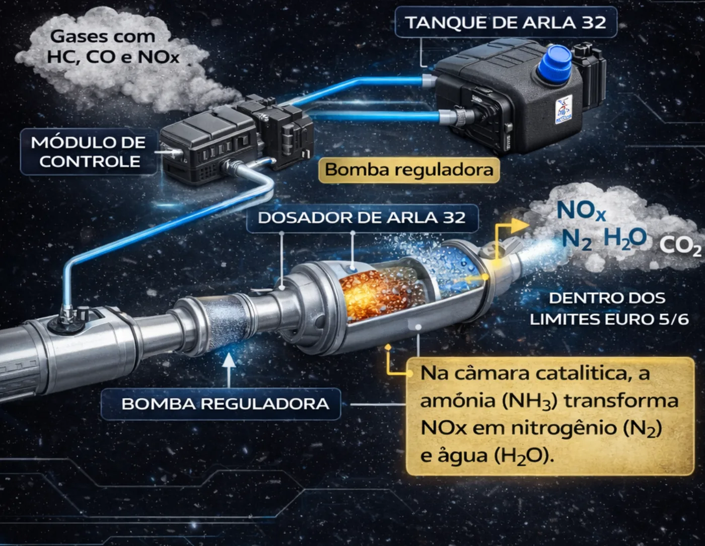 Diagrama do ciclo do ARLA 32: tanque, bomba reguladora, módulo de controle e dosador injetando na câmara catalítica do SCR