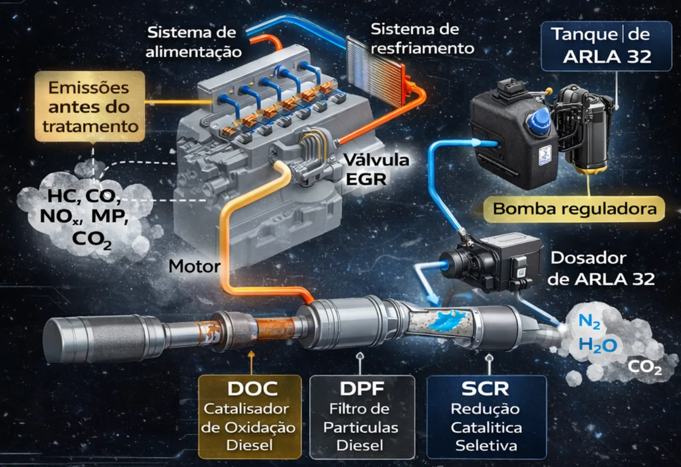 Diagrama do sistema de pós-tratamento Euro 5 e Euro 6, do motor até o escapamento, com válvula EGR, DOC, DPF, SCR, tanque e dosador de ARLA 32