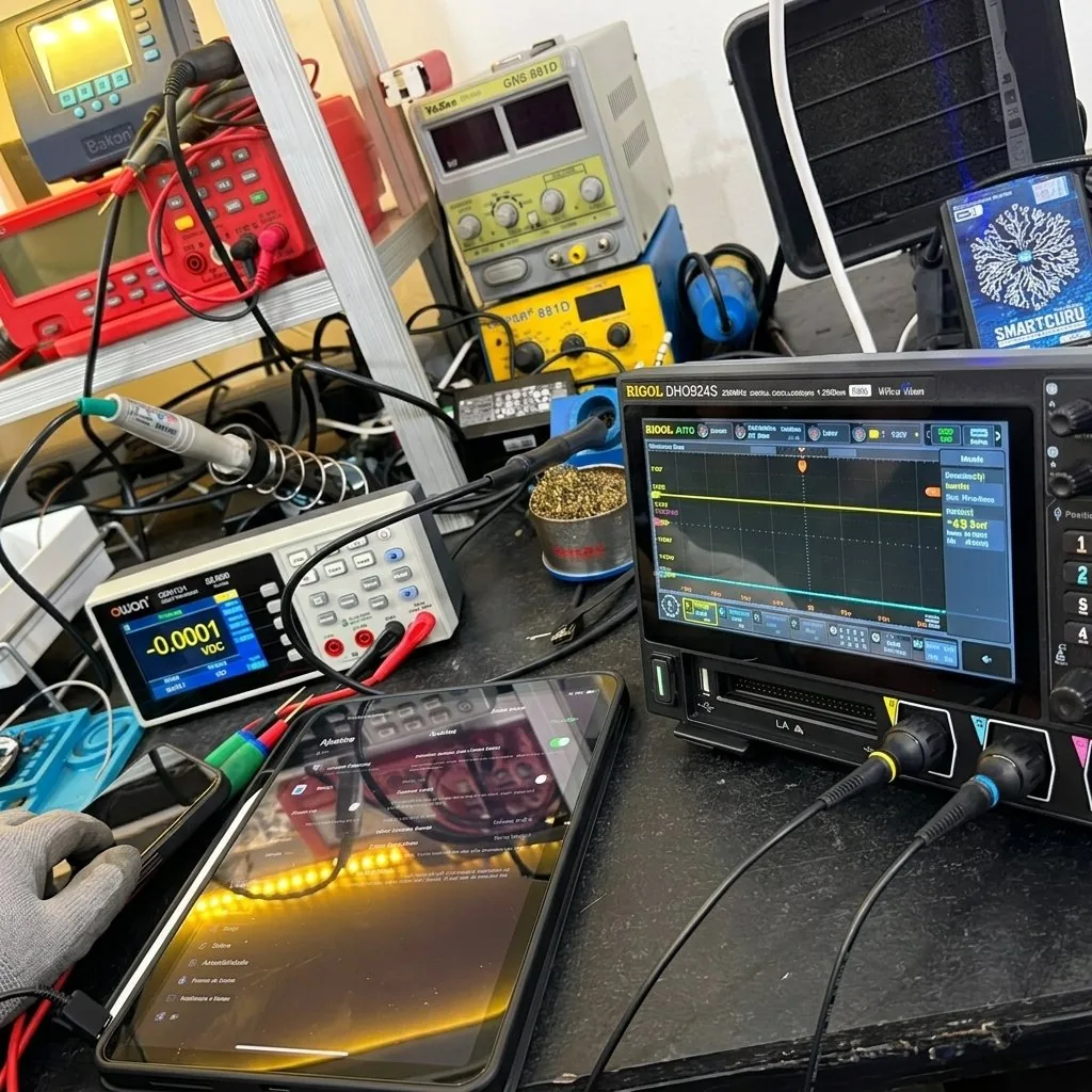 Bancada da Check com osciloscópio, fonte e módulo em teste