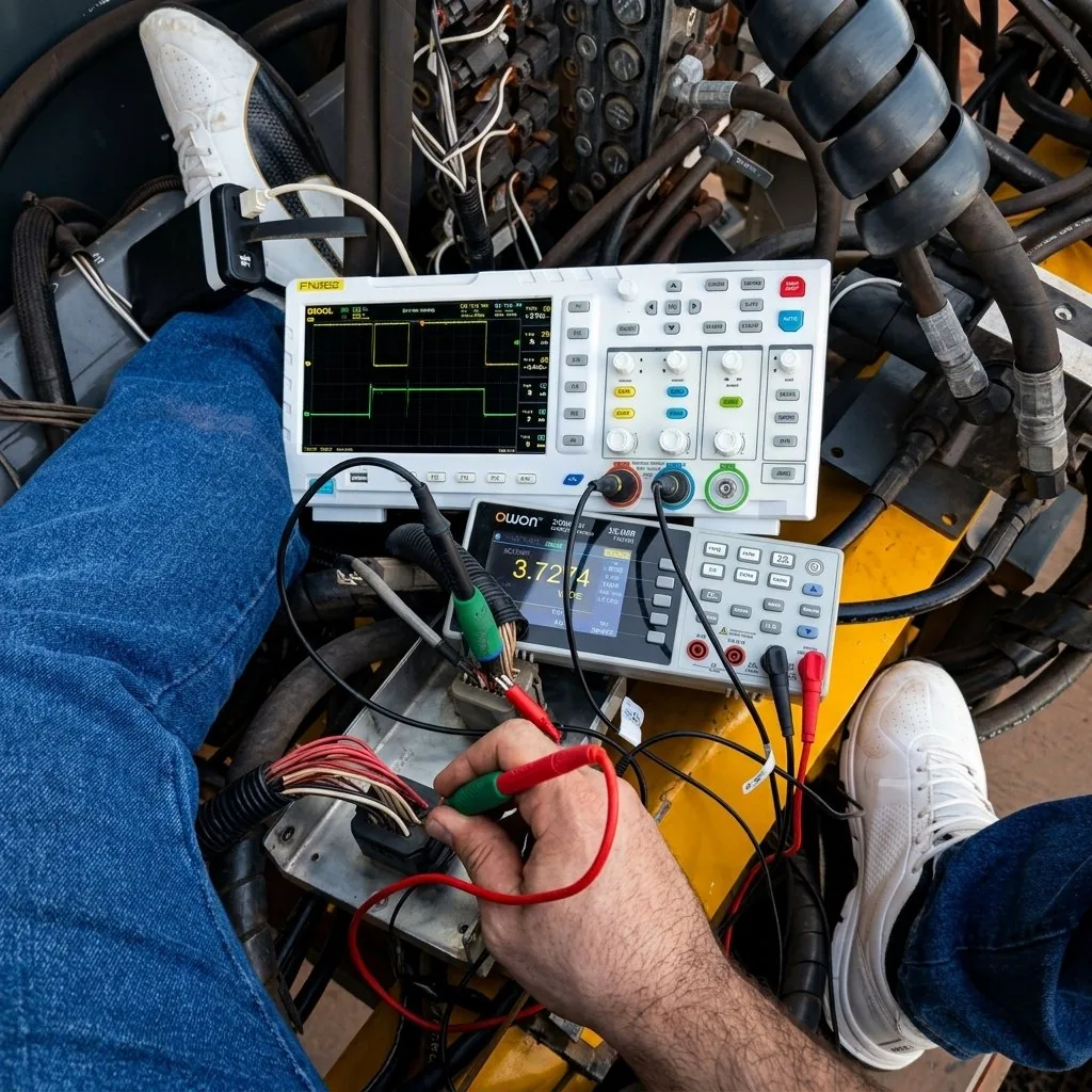 Atendimento em campo com osciloscópio em equipamento agrícola