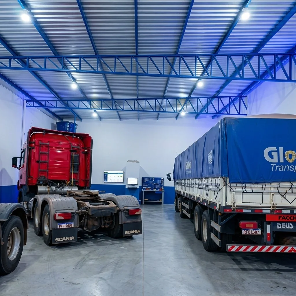Carreta e cavalo Scania dentro do galpão da oficina