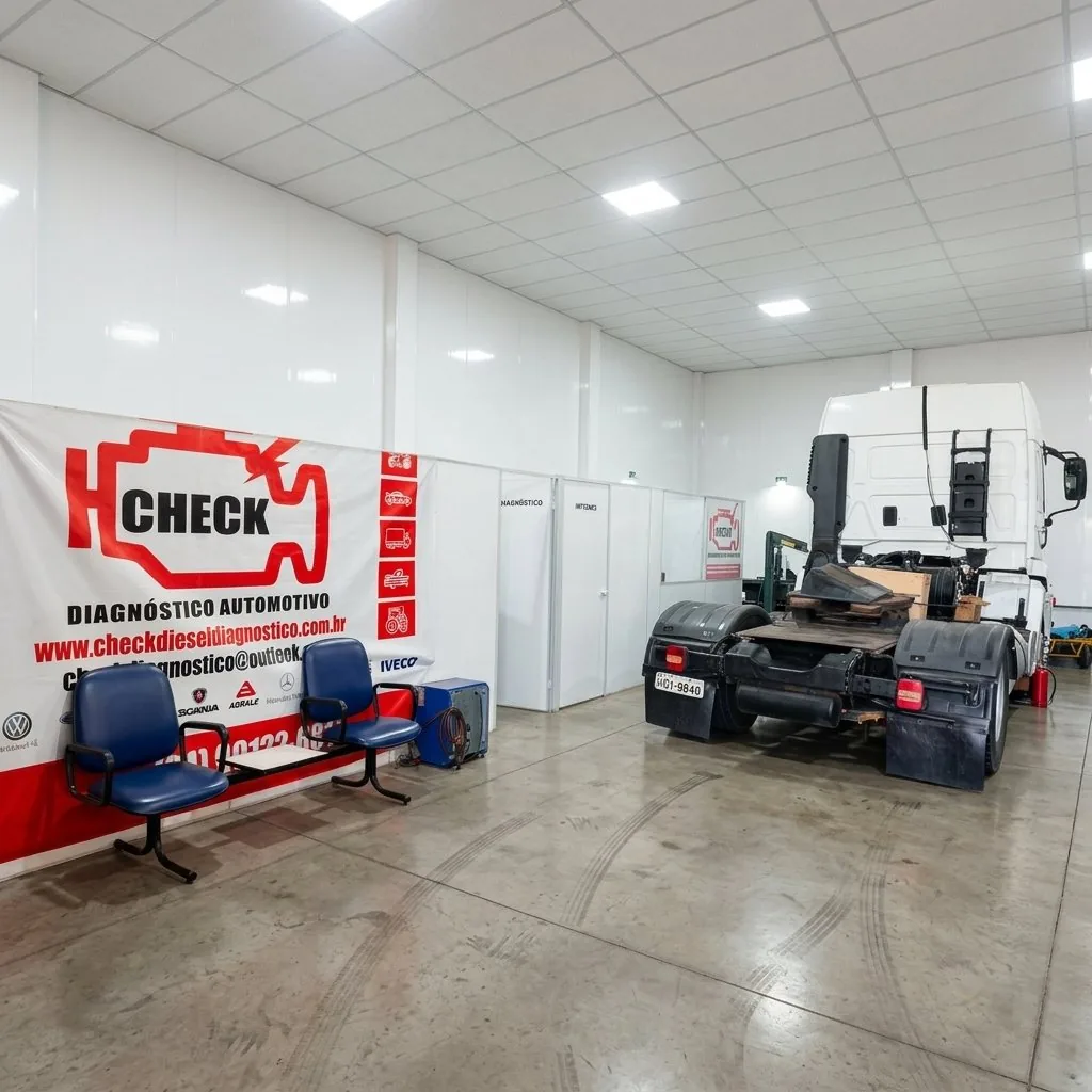 Área de recepção da Check com o banner da empresa